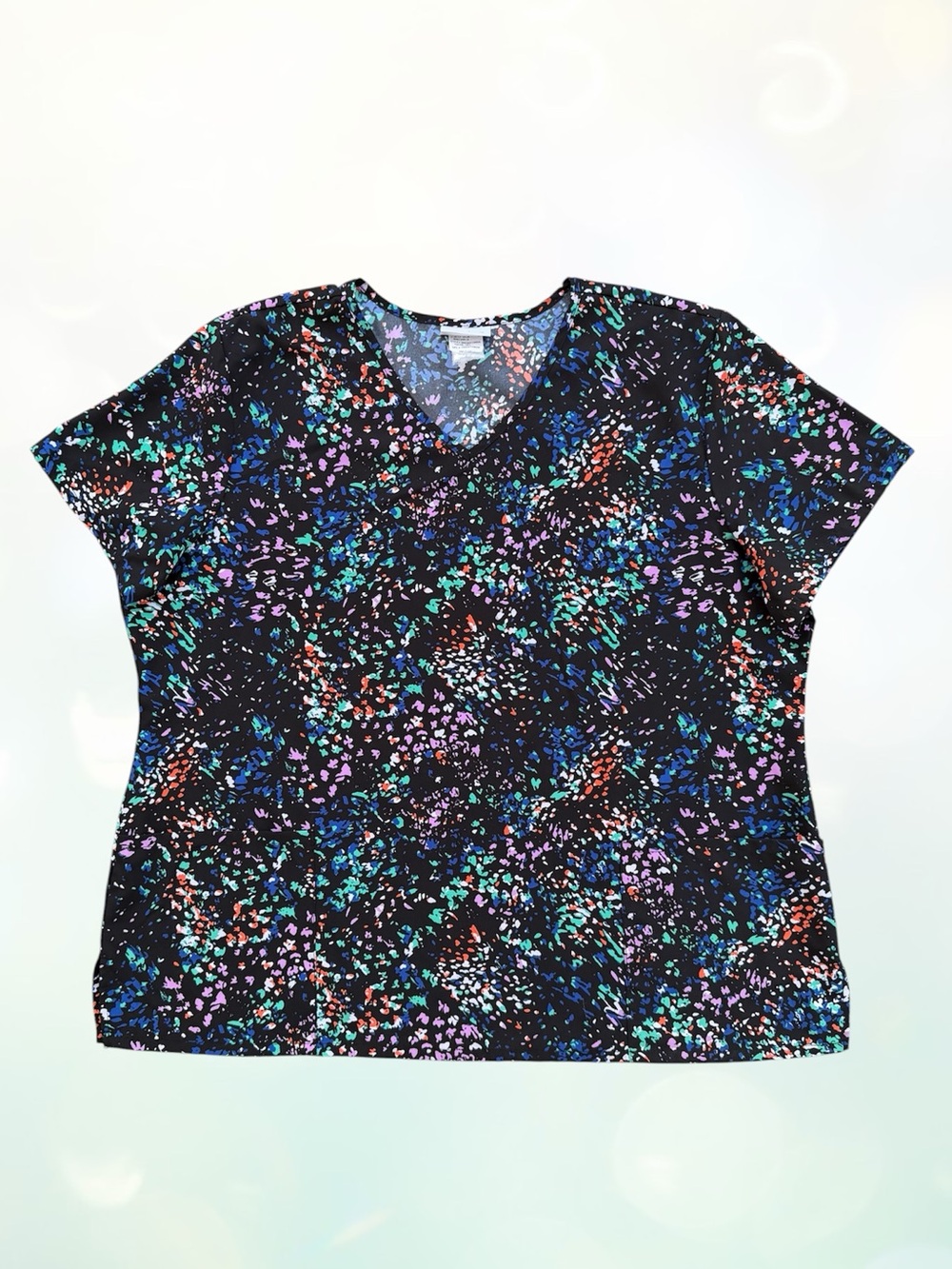 ScrubStar Black Multi-Colored Speckled Print V-Neck Stretch Scrubs Top, 2XL